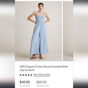 Quince 100% Organic Cotton Gauze Smocked Wide Leg Jumpsuit Size XS